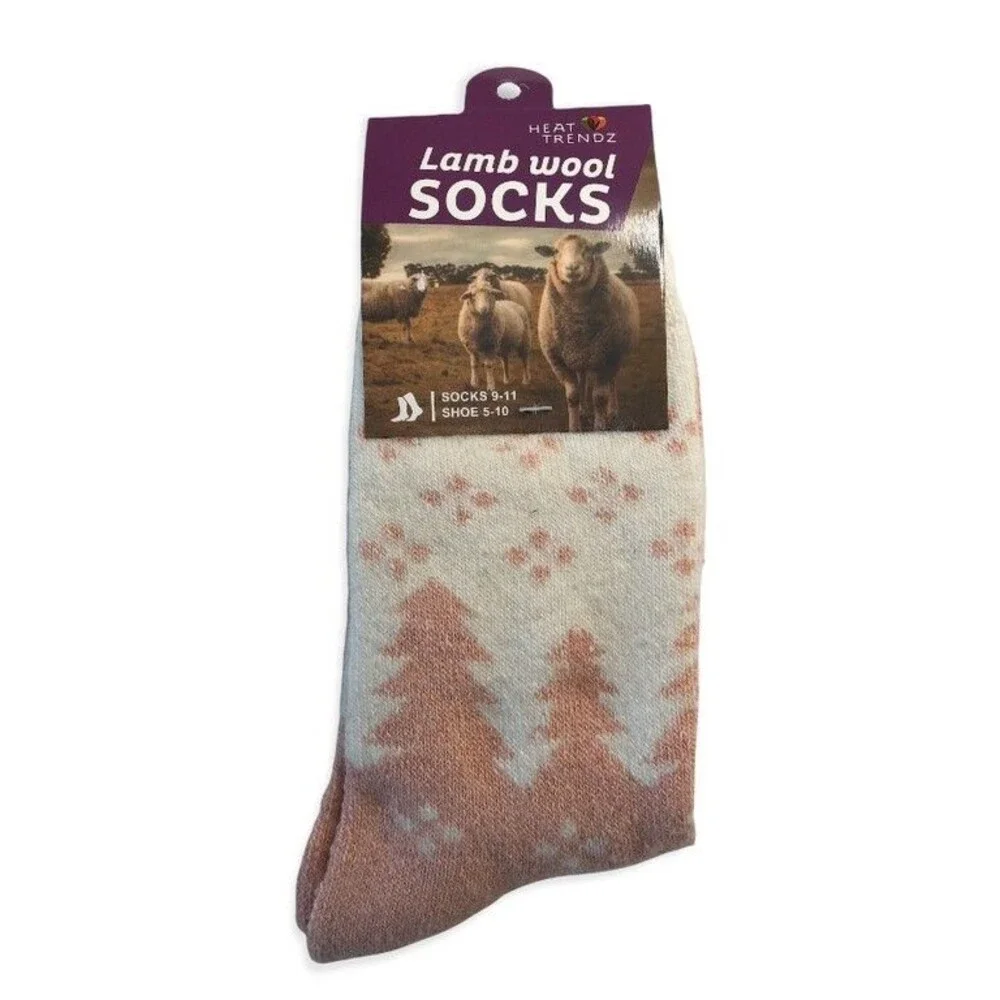 Ladies Socks Lamb's Wool Pine Trees Snowflake Crew Warm Winter Size 9-11 Pink